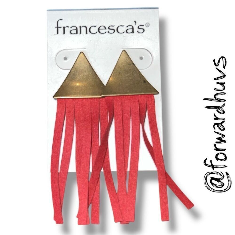 Francesca’s Brass Tone Triangle Red Suede Fringe Earrings